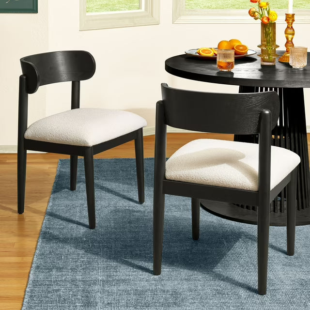Beautiful Drew Dining Room Chairs by Drew Barrymore, Rich Black Finish with Striped Fabric, 2 Pack