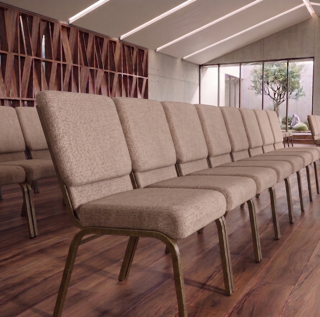 21" Wide Beige Fabric 330lbs Church Chair | Stackable Seating Fabric Worship Chairs with Cut-Away Back
