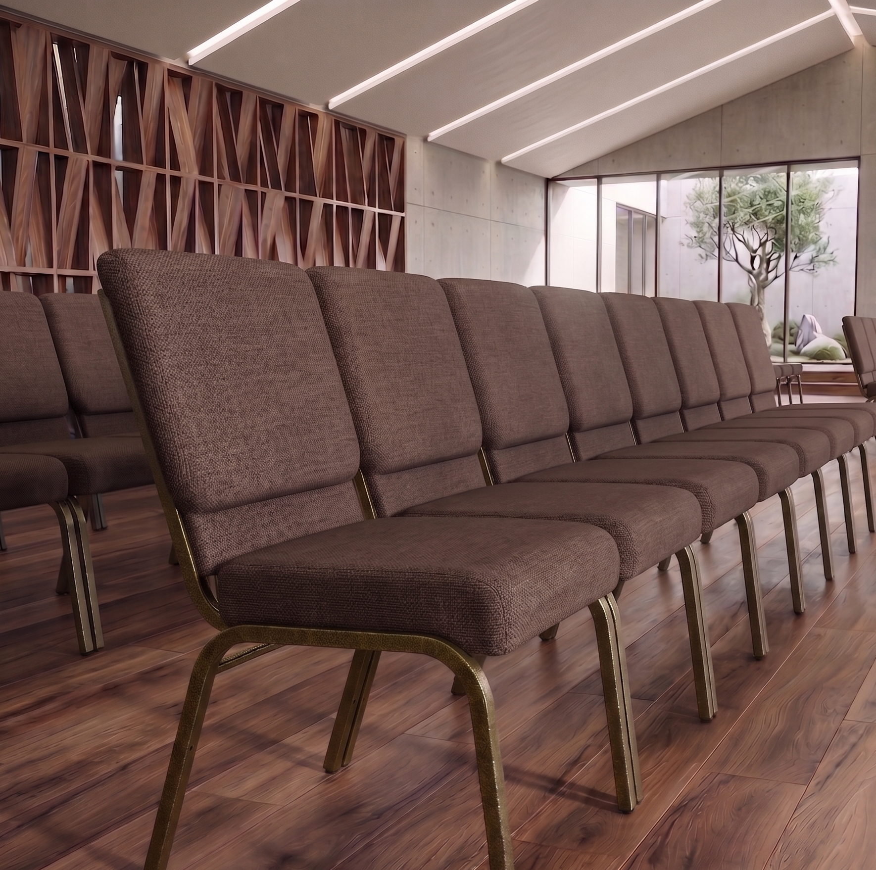 21" Wide Brown Fabric 330lbs Church Chair | Stackable Seating Fabric Worship Chairs with Cut-Away Back