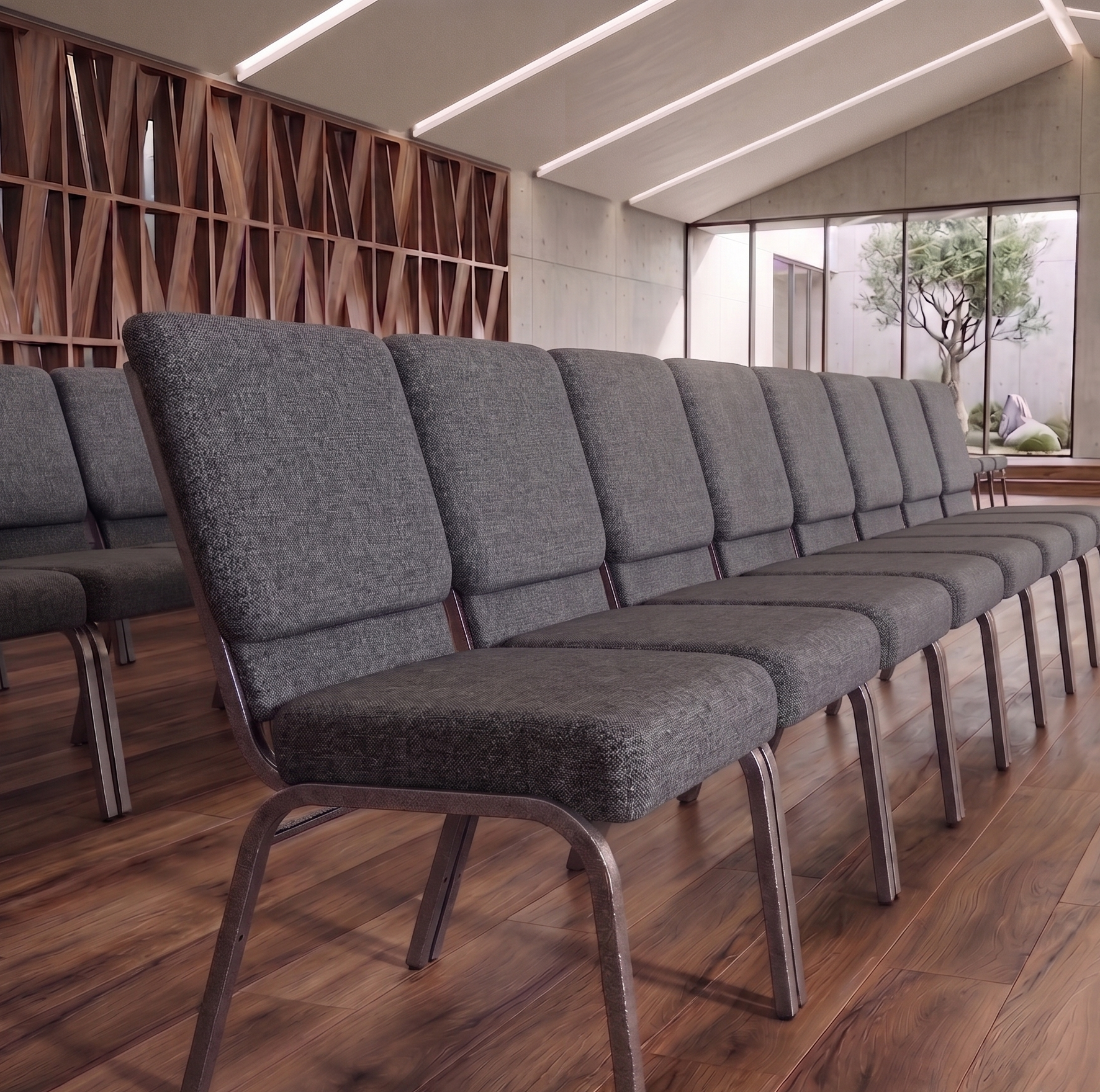 21" Wide Gray Fabric 330lbs Church Chair | Stackable Seating Fabric Worship Chairs with Cut-Away Back