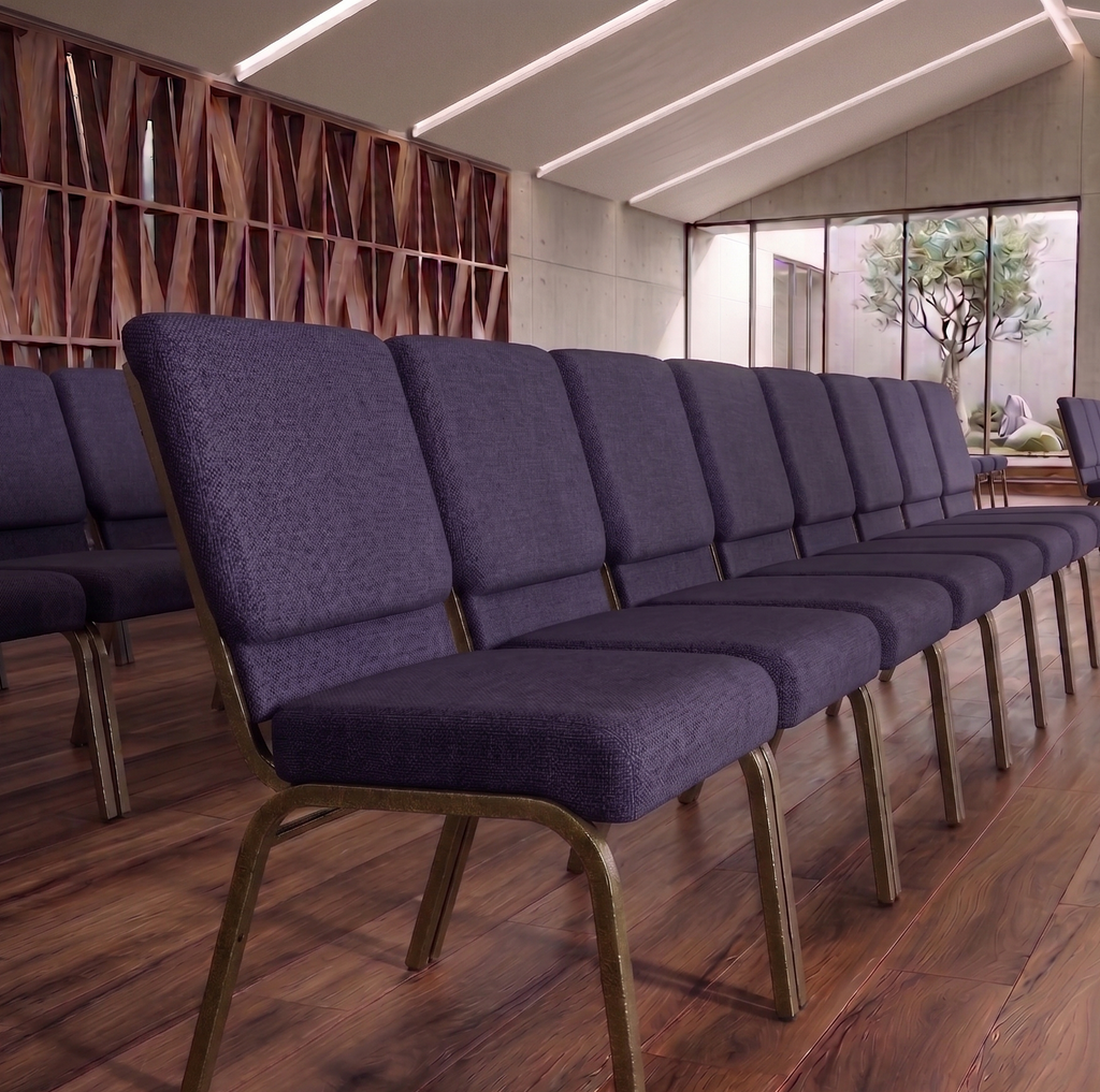 21" Wide Purple Fabric 330lbs Church Chair` | Stackable Seating Fabric Worship Chairs with Cut-Away Back