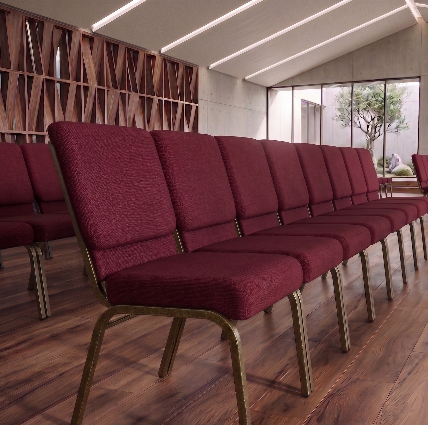 21" Wide Burgundy Fabric 800lbs Church Chair | Stackable Seating Fabric Worship Chairs with Cut-Away Back