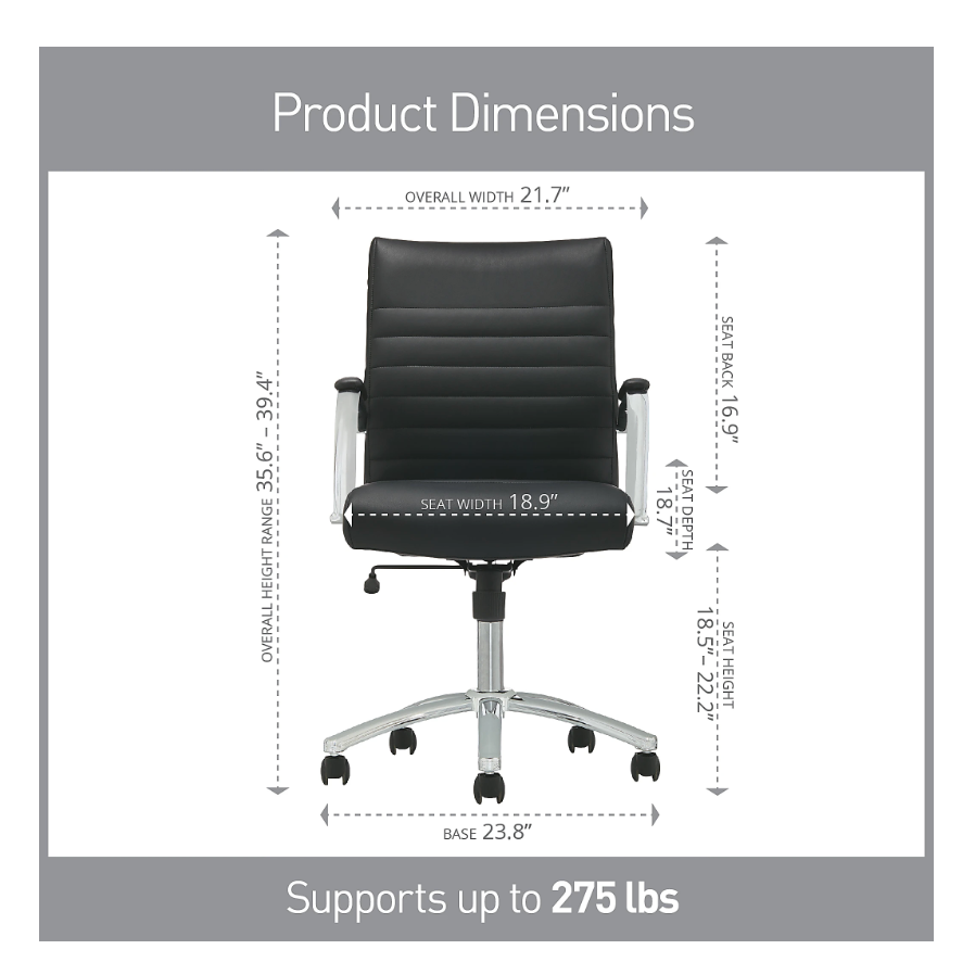Realspace® Modern Comfort Winsley Bonded Leather Mid-Back Manager Office Chair, Black/Silver, BIFMA Compliant