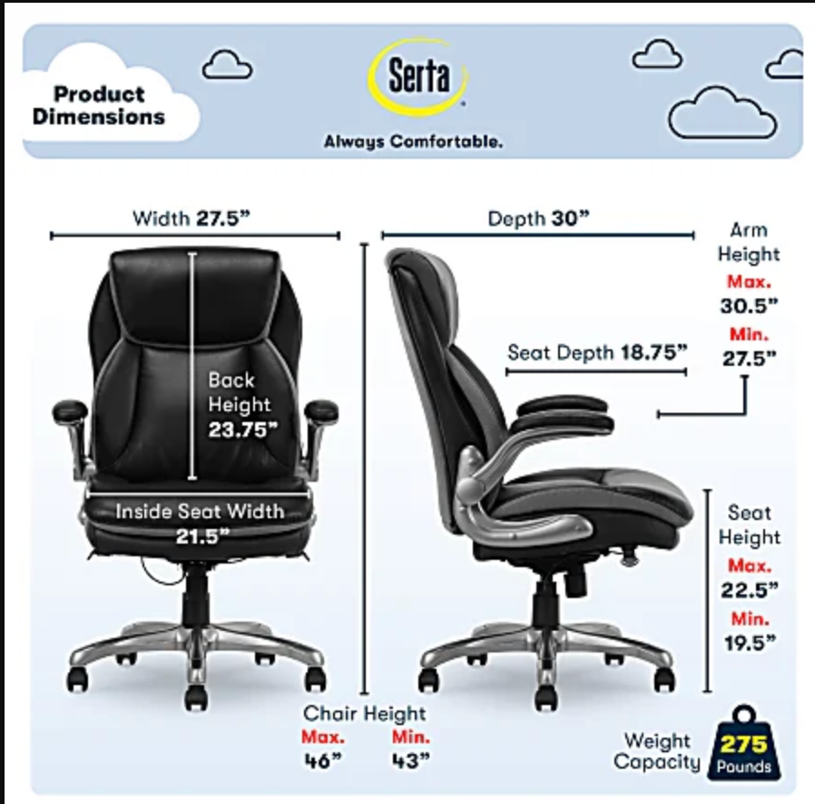 Serta® Smart Layers™ Brinkley Ergonomic Bonded Leather High-Back Executive Office Chair, Black/Silver