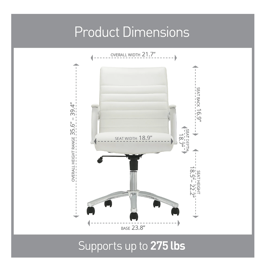 Realspace® Modern Comfort Winsley Bonded Leather Mid-Back Manager Office Chair, White/Silver, BIFMA Compliant