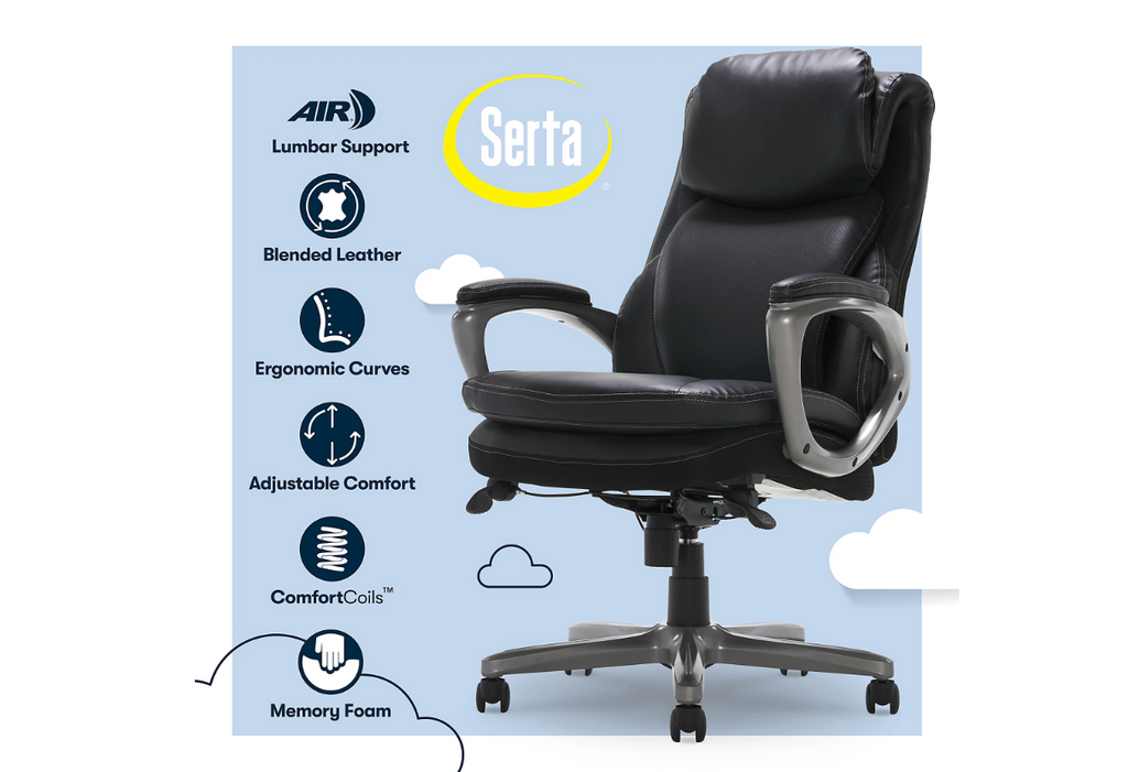 Serta® Smart Layers™ Arlington AIR™ Bonded Leather High-Back Executive Office Chair, Black/Silver, BIFMA Compliant