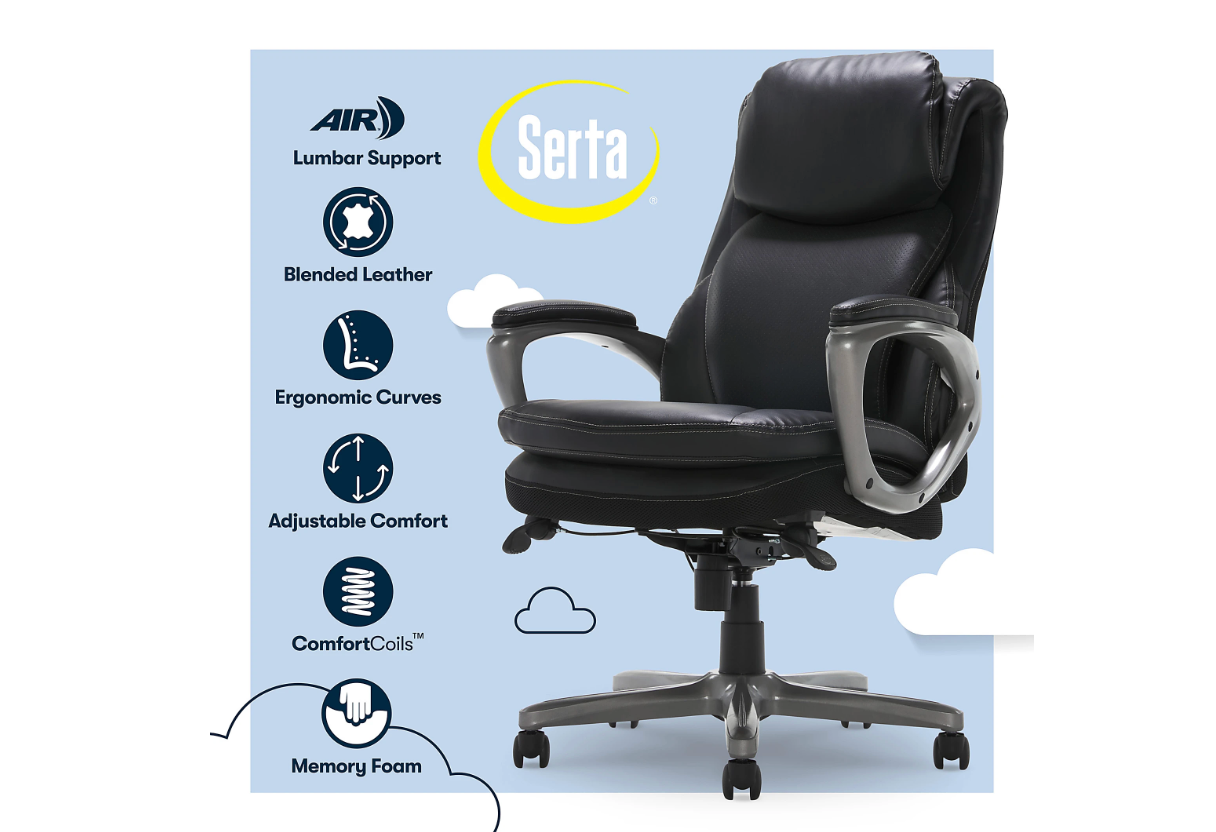 Serta® Smart Layers™ Arlington AIR™ Bonded Leather High-Back Executive Office Chair, Black/Silver, BIFMA Compliant