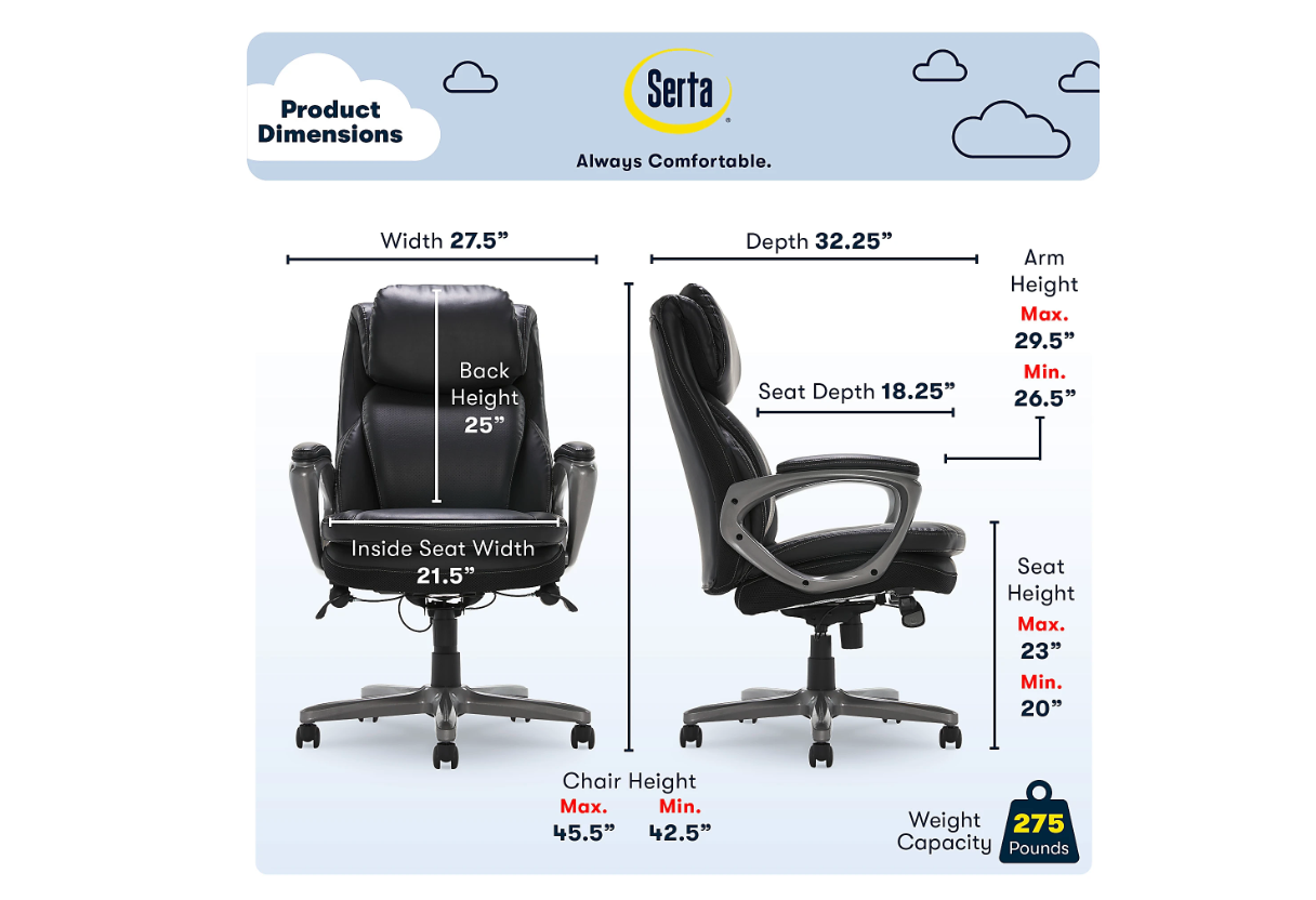 Serta® Smart Layers™ Arlington AIR™ Bonded Leather High-Back Executive Office Chair, Black/Silver, BIFMA Compliant