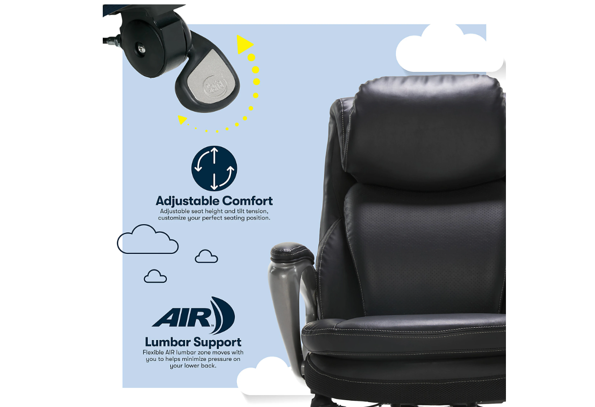 Serta® Smart Layers™ Arlington AIR™ Bonded Leather High-Back Executive Office Chair, Black/Silver, BIFMA Compliant