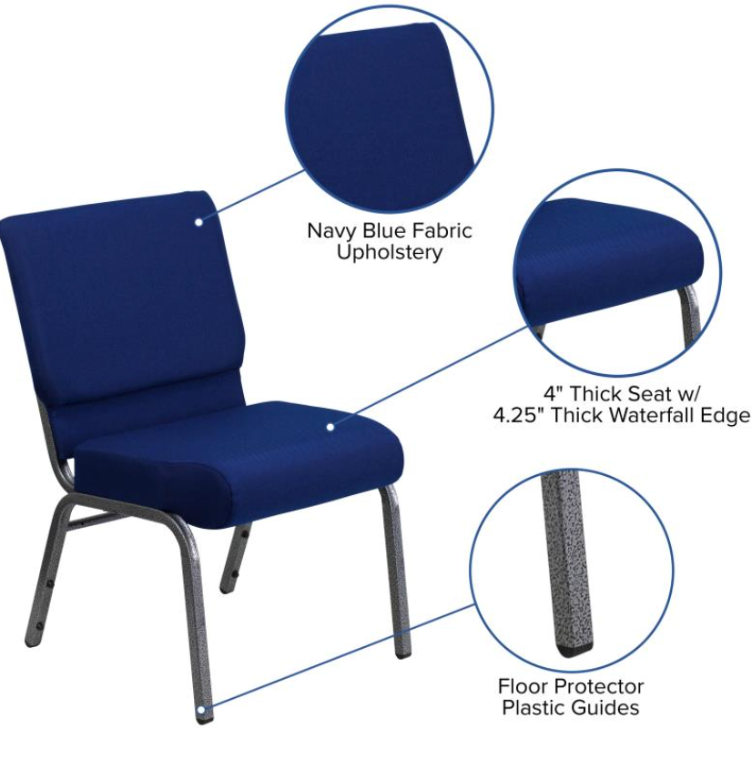 21" Wide Blue Fabric 800lbs Church Chair | Stackable Seating Fabric Worship Chairs with Cut-Away Back