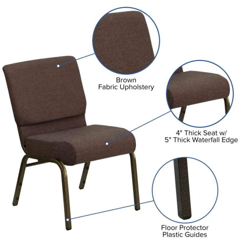 21" Wide Brown Fabric 330lbs Church Chair | Stackable Seating Fabric Worship Chairs with Cut-Away Back