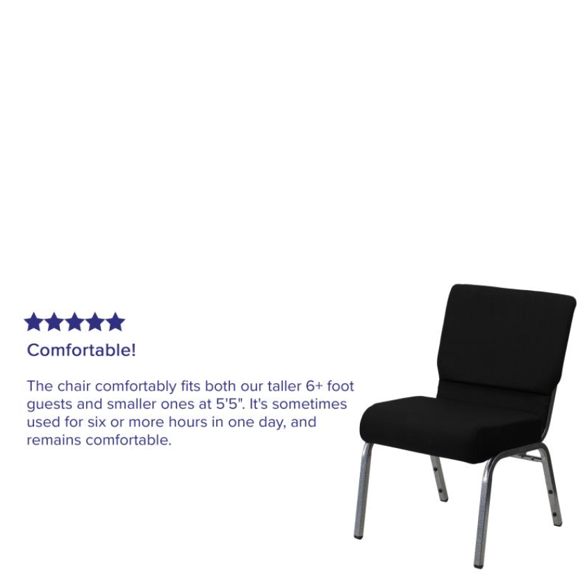 21" Wide Black Fabric 330lbs Church Chair | Stackable Seating Fabric Worship Chairs with Cut-Away Back