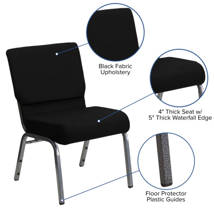 21" Wide Black Fabric 330lbs Church Chair | Stackable Seating Fabric Worship Chairs with Cut-Away Back