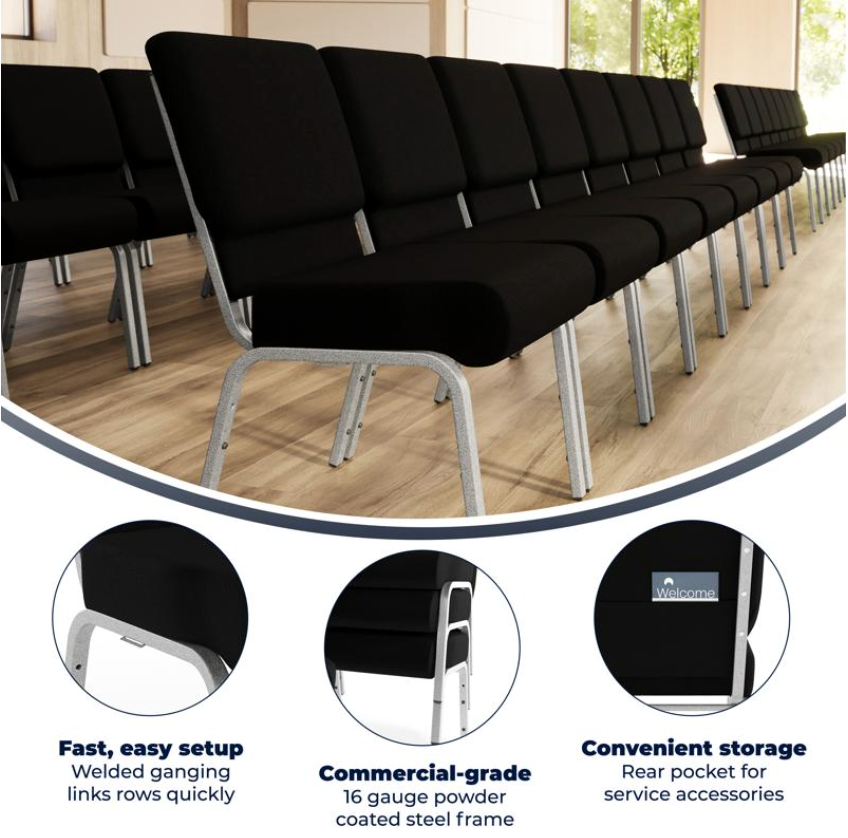 Sold In SETS of 10 Chairs. Church Chairs/Auditorium Seating | Stackable Church Seatings 21 Inch Black Fabric Worship Cinema Auditorium Sanctuary Church Chairs with Cut-Away Back.