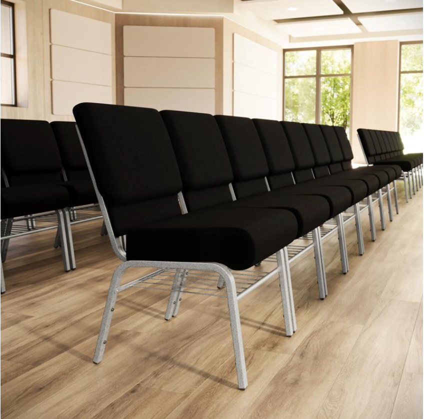 Sold In SETS of 10 Chairs. Church Chairs/Auditorium Seating | Stackable Church Seatings 21 Inch Black Fabric Worship Cinema Auditorium Sanctuary Church Chairs with Cut-Away Back With Book Rack.