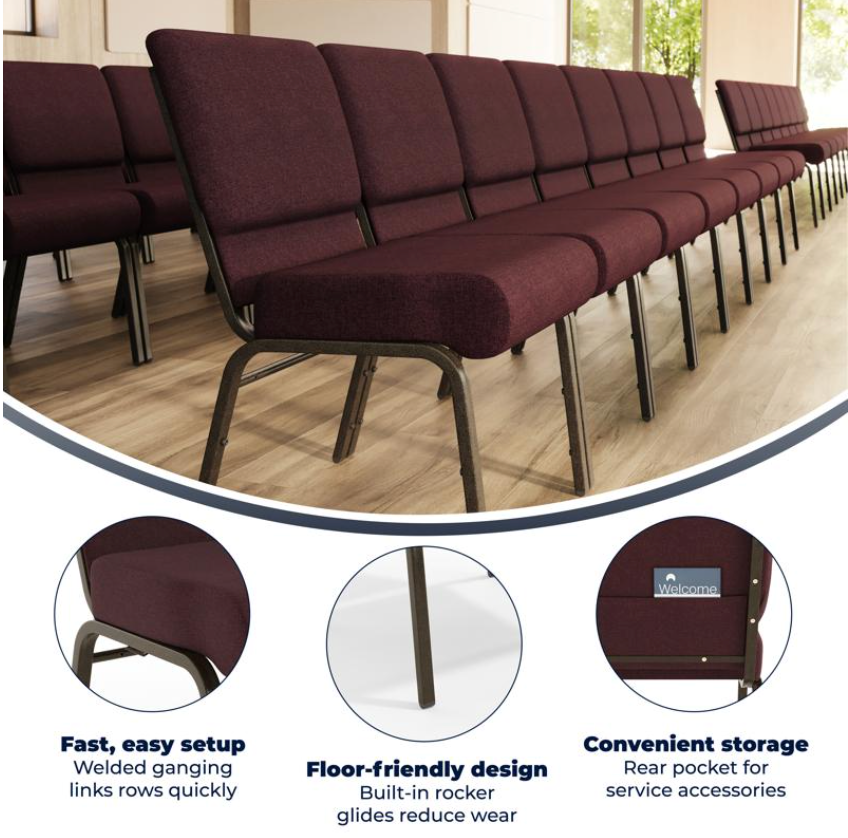 Sold In SETS of 50 Chairs. Church Chairs/Auditorium Seating | Stackable Church Seatings 21 Inch Plum Fabric Worship Cinema Auditorium Sanctuary Church Chairs with Cut-Away Back.