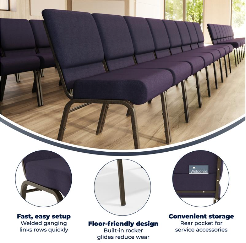 Sold In SETS of 50 Chairs. Church Chairs/Auditorium Seating | Stackable Church Seatings 21 Inch Purple Fabric Worship Cinema Auditorium Sanctuary Church Chairs with Cut-Away Back.