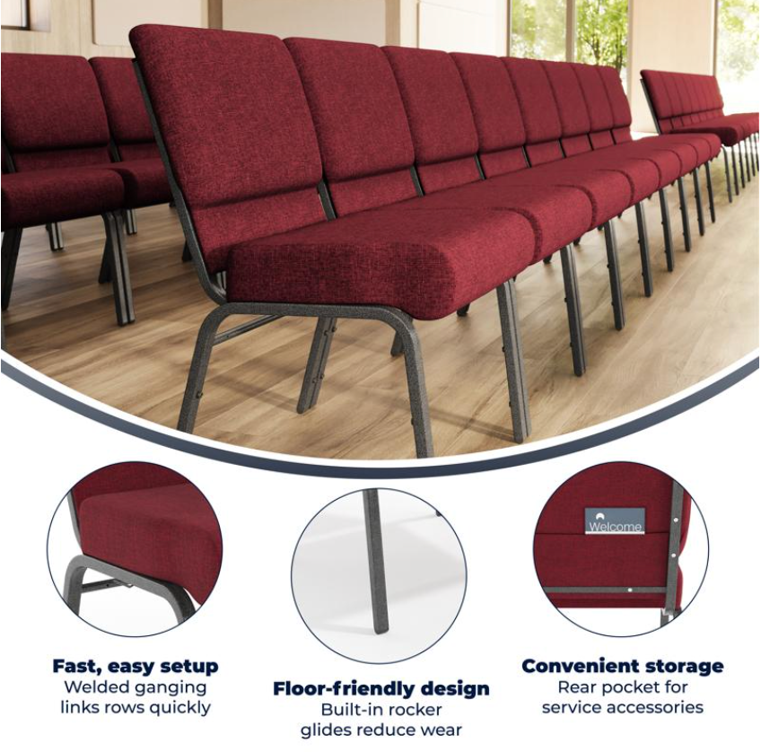 Sold In SETS of 50 Chairs. Church Chairs/Auditorium Seating | Stackable Church Seatings 21 Inch Crimson Fabric Worship Cinema Auditorium Sanctuary Church Chairs with Cut-Away Back.
