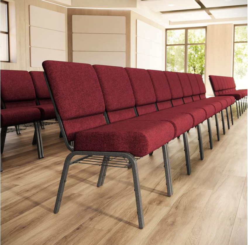 Sold In SETS of 50 Chairs. Church Chairs/Auditorium Seating | Stackable Church Seatings 21 Inch Crimson Fabric Worship Cinema Auditorium Sanctuary Church Chairs with Cut-Away Back With Book Rack