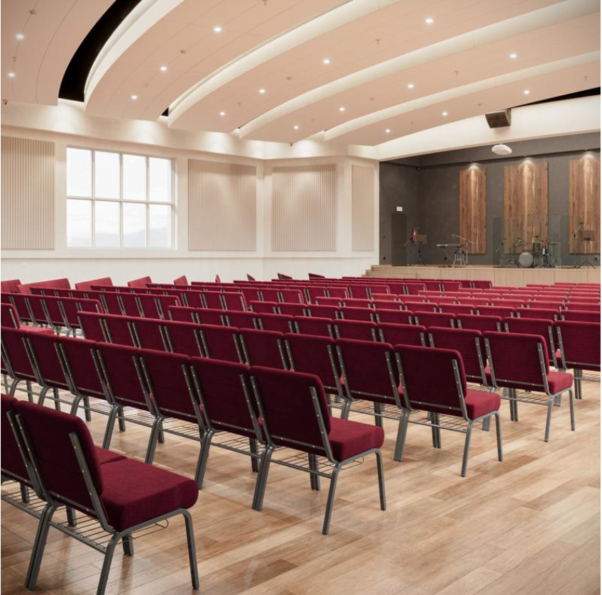 Sold In SETS of 50 Chairs. Church Chairs/Auditorium Seating | Stackable Church Seatings 21 Inch Crimson Fabric Worship Cinema Auditorium Sanctuary Church Chairs with Cut-Away Back With Book Rack