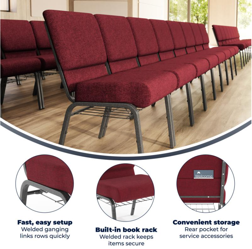 Sold In SETS of 50 Chairs. Church Chairs/Auditorium Seating | Stackable Church Seatings 21 Inch Crimson Fabric Worship Cinema Auditorium Sanctuary Church Chairs with Cut-Away Back With Book Rack