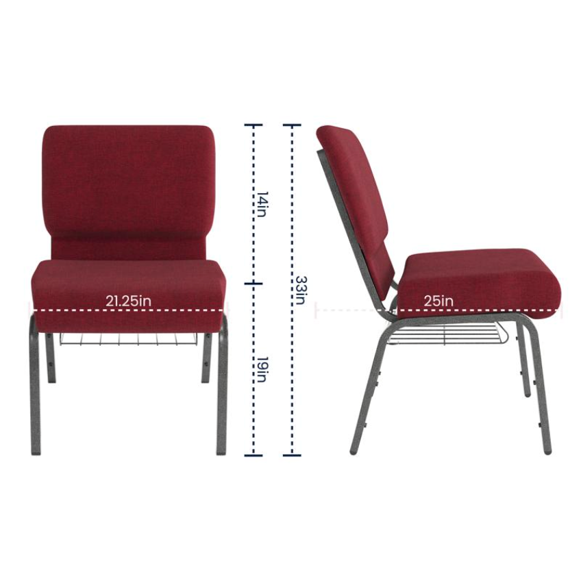 Sold In SETS of 50 Chairs. Church Chairs/Auditorium Seating | Stackable Church Seatings 21 Inch Crimson Fabric Worship Cinema Auditorium Sanctuary Church Chairs with Cut-Away Back With Book Rack