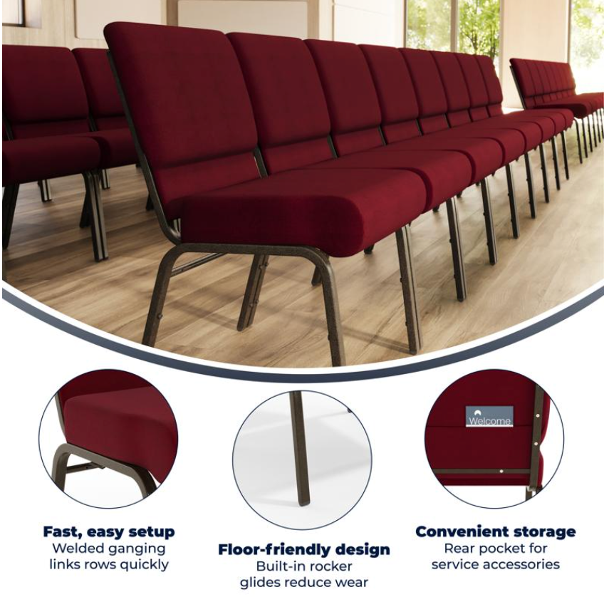 Sold In SETS of 10 Chairs. Church Chairs/Auditorium Seating | Stackable Church Seatings 21 Inch Burgundy Fabric Worship Cinema Auditorium Sanctuary Church Chairs with Cut-Away Back.