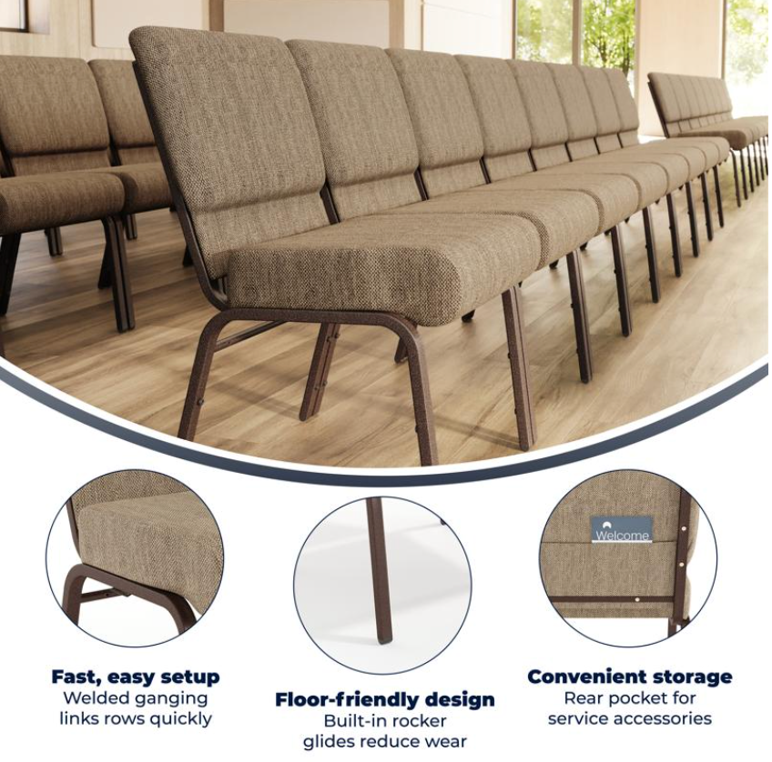 Sold In SETS of 10 Chairs. Church Chairs/Auditorium Seating | Stackable Church Seatings 21 Inch Beige Fabric Worship Cinema Auditorium Sanctuary Church Chairs with Cut-Away Back.