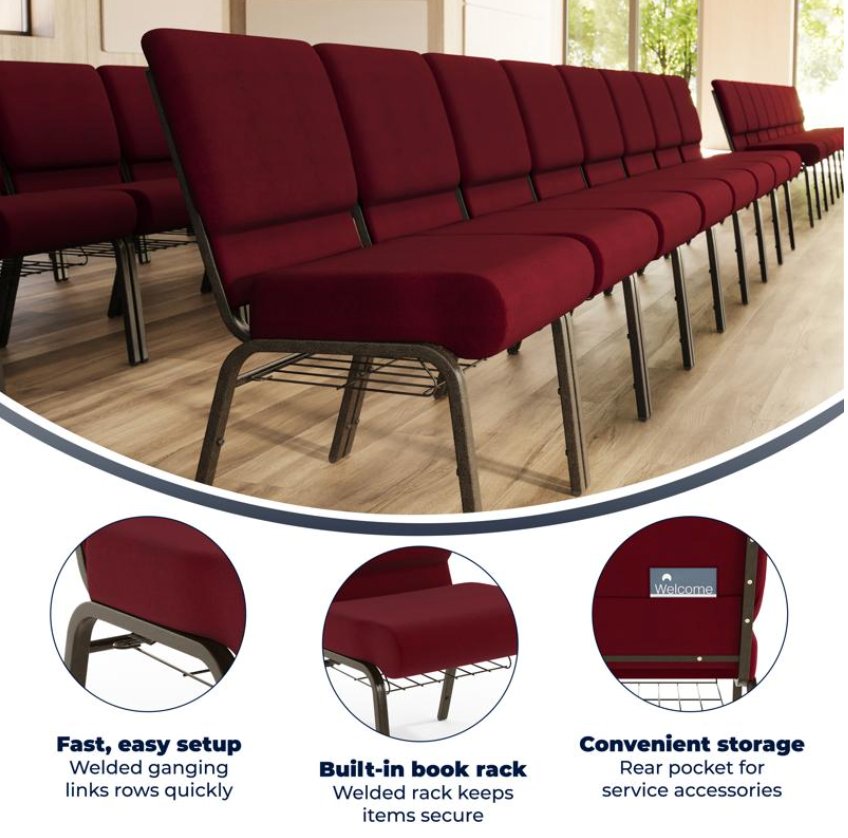 Sold In SETS of 10 Chairs. Church Chairs/Auditorium Seating | Stackable Church Seatings 21 Inch Burgundy Fabric Worship Cinema Auditorium Sanctuary Church Chairs with Cut-Away Back With Book Rack