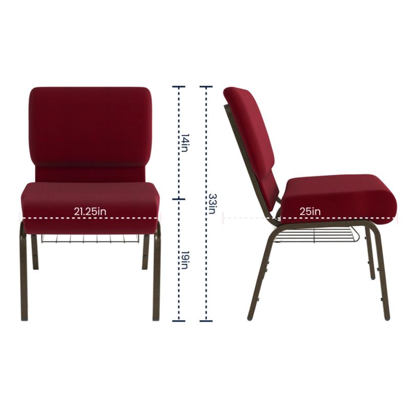 Sold In SETS of 10 Chairs. Church Chairs/Auditorium Seating | Stackable Church Seatings 21 Inch Burgundy Fabric Worship Cinema Auditorium Sanctuary Church Chairs with Cut-Away Back With Book Rack