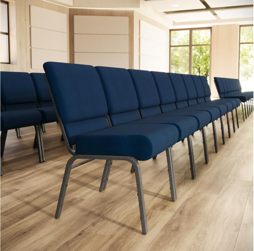 Sold In SETS of 10 Chairs. Church Chairs/Auditorium Seating | Stackable Church Seatings 21 Inch Navy Blue Fabric Worship Cinema Auditorium Sanctuary Church Chairs with Cut-Away Back.