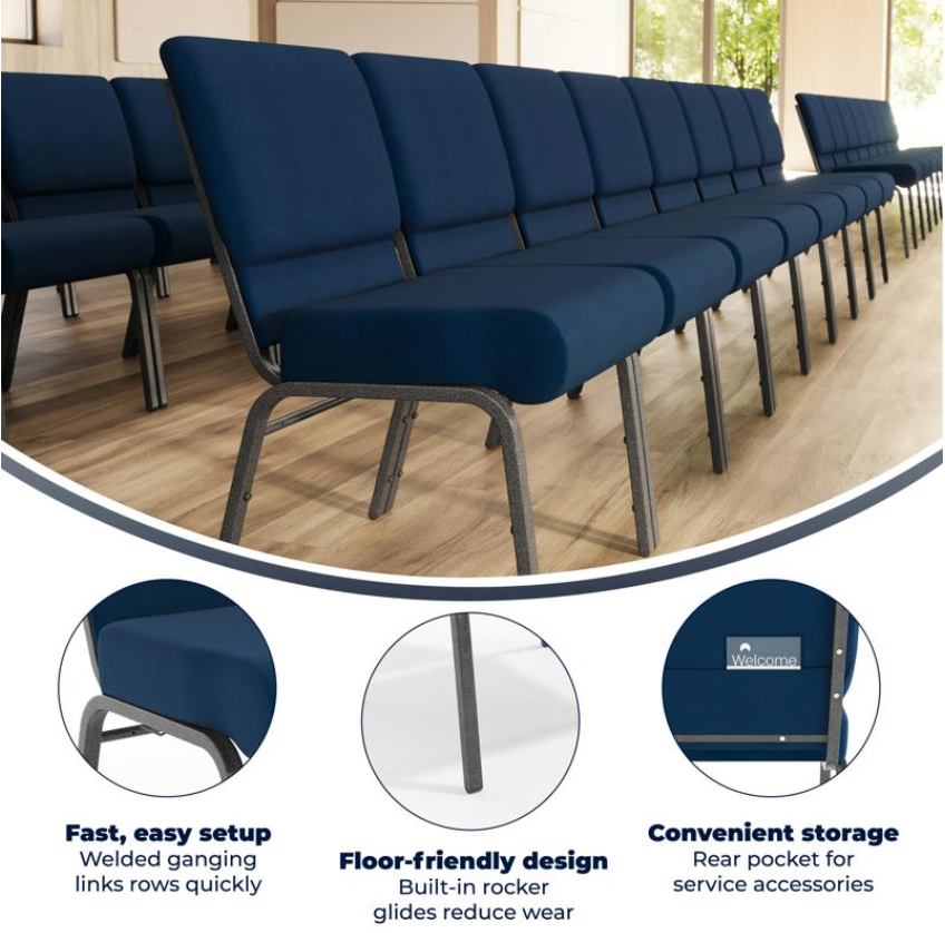 Sold In SETS of 10 Chairs. Church Chairs/Auditorium Seating | Stackable Church Seatings 21 Inch Navy Blue Fabric Worship Cinema Auditorium Sanctuary Church Chairs with Cut-Away Back.
