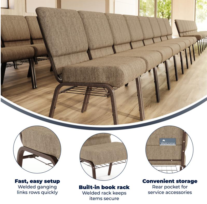 Sold In SETS of 10 Chairs. Church Chairs/Auditorium Seating | Stackable Church Seatings 21 Inch Beige Fabric Worship Cinema Auditorium Sanctuary Church Chairs with Cut-Away Back With Book Rack