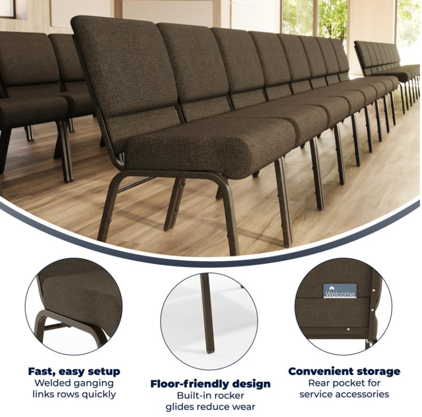 Sold In SETS of 10 Chairs. Church Chairs/Auditorium Seating | Stackable Church Seatings 21 Inch Brown Fabric Worship Cinema Auditorium Sanctuary Church Chairs with Cut-Away Back.
