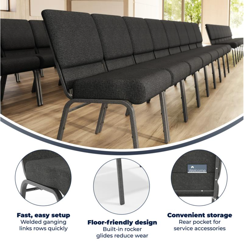 Sold In SETS of 50 Chairs. Hotel/Church/Auditorium/Banquet Seating | Stackable Seating 21 Inch Gray Fabric Worship Cinema Auditorium Sanctuary Church Chairs with Cut-Away Back.