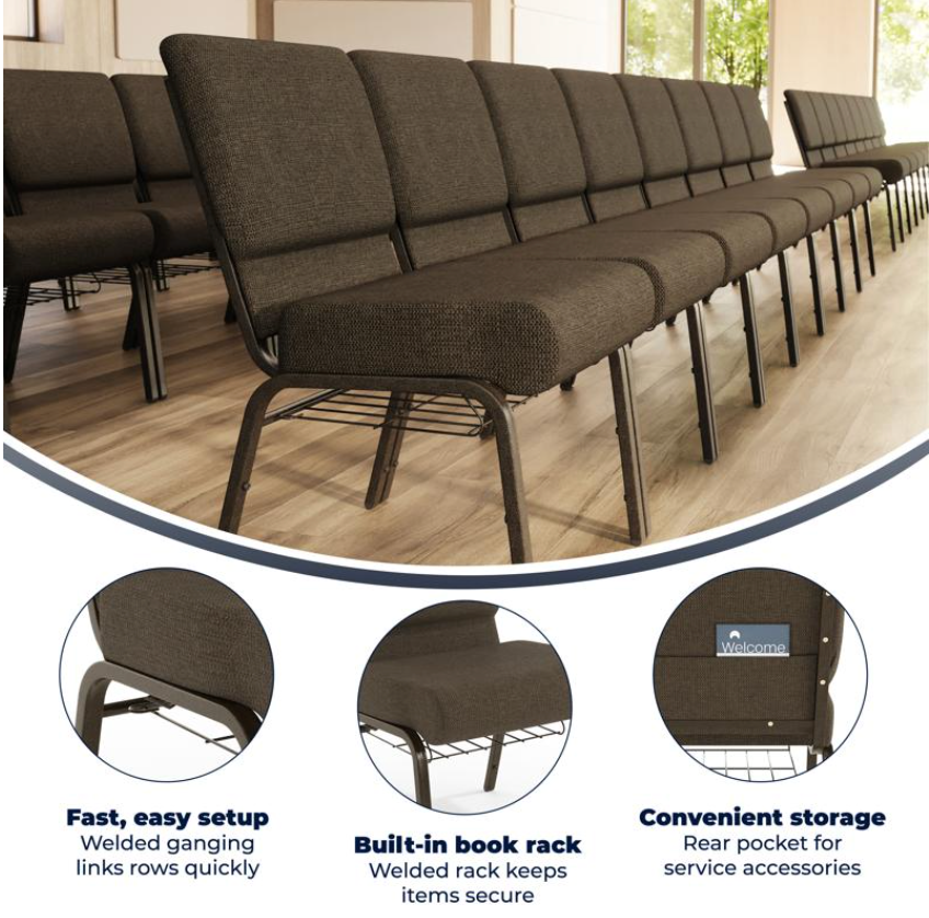Sold In SETS of 10 Chairs. Church Chairs/Auditorium Seating | Stackable Church Seatings 21 Inch Brown Fabric Worship Cinema Auditorium Sanctuary Church Chairs with Cut-Away Back With Book Rack.