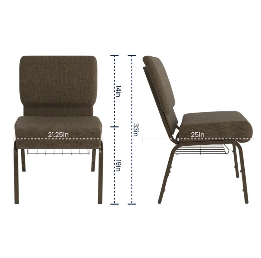Sold In SETS of 10 Chairs. Church Chairs/Auditorium Seating | Stackable Church Seatings 21 Inch Brown Fabric Worship Cinema Auditorium Sanctuary Church Chairs with Cut-Away Back With Book Rack.