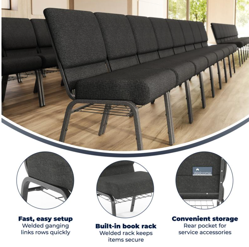 Sold In SETS of 10 Chairs. Church Chairs/Auditorium Seating | Stackable Church Seatings 21 Inch Gray Fabric Worship Cinema Auditorium Sanctuary Church Chairs with Cut-Away Back With Book Rack