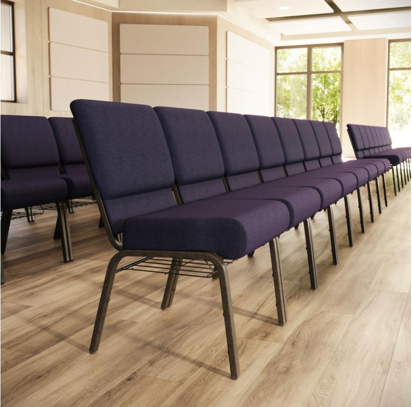 Sold In SETS of 50 Chairs. Church Chairs/Auditorium Seating | Stackable Church Seatings 21 Inch Purple Fabric Worship Cinema Auditorium Sanctuary Church Chairs with Cut-Away Back With Book Rack