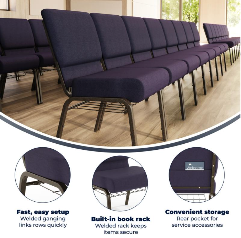 Sold In SETS of 50 Chairs. Church Chairs/Auditorium Seating | Stackable Church Seatings 21 Inch Purple Fabric Worship Cinema Auditorium Sanctuary Church Chairs with Cut-Away Back With Book Rack