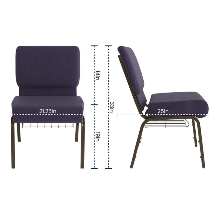 Sold In SETS of 50 Chairs. Church Chairs/Auditorium Seating | Stackable Church Seatings 21 Inch Purple Fabric Worship Cinema Auditorium Sanctuary Church Chairs with Cut-Away Back With Book Rack