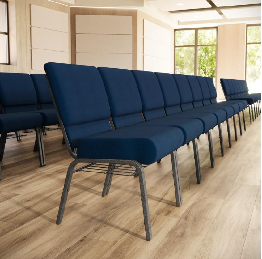 Sold In SETS of 10 Chairs. Church Chairs/Auditorium Seating | Stackable Church Seatings 21 Inch Navy Blue Fabric Worship Cinema Auditorium Sanctuary Church Chairs with Cut-Away Back With Book Rack