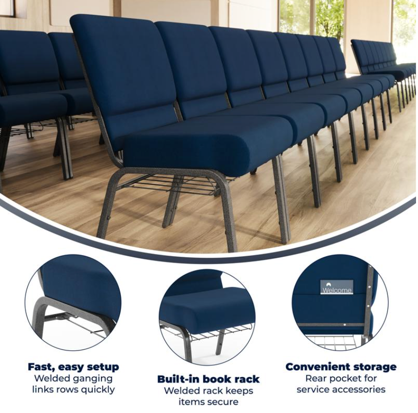 Sold In SETS of 10 Chairs. Church Chairs/Auditorium Seating | Stackable Church Seatings 21 Inch Navy Blue Fabric Worship Cinema Auditorium Sanctuary Church Chairs with Cut-Away Back With Book Rack