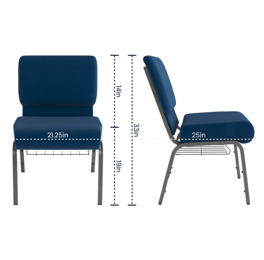 Sold In SETS of 10 Chairs. Church Chairs/Auditorium Seating | Stackable Church Seatings 21 Inch Navy Blue Fabric Worship Cinema Auditorium Sanctuary Church Chairs with Cut-Away Back With Book Rack