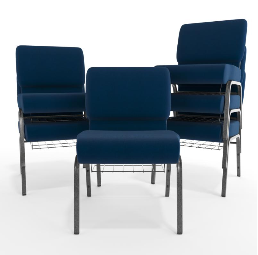 Sold In SETS of 10 Chairs. Church Chairs/Auditorium Seating | Stackable Church Seatings 21 Inch Navy Blue Fabric Worship Cinema Auditorium Sanctuary Church Chairs with Cut-Away Back With Book Rack