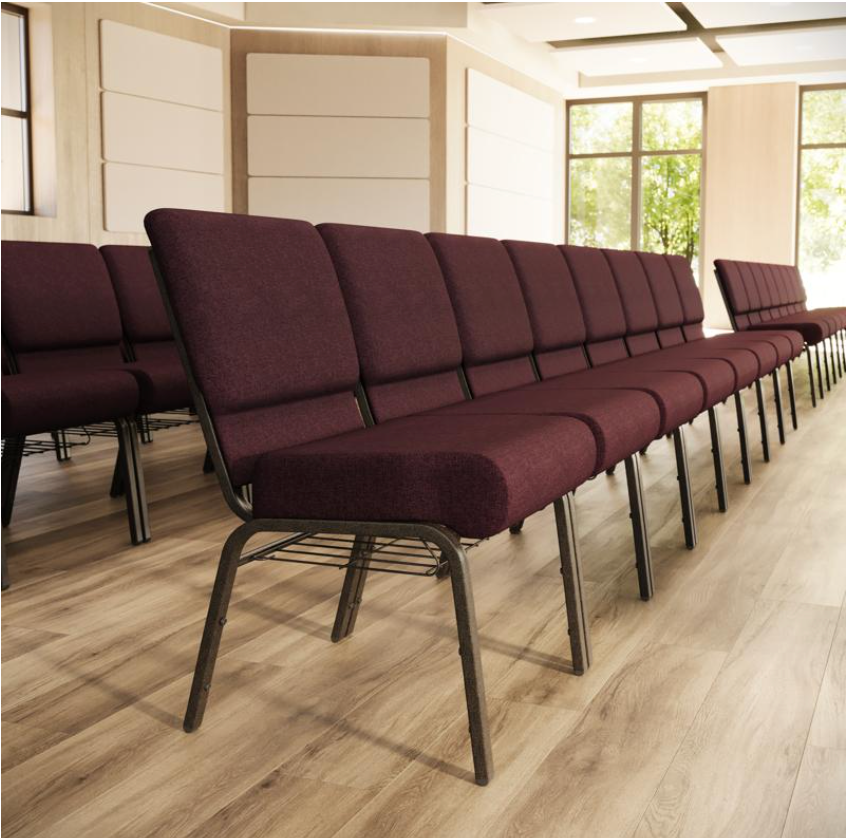 Sold In SETS of 50 Chairs. Church Chairs/Auditorium Seating | Stackable Church Seatings 21 Inch Plum Fabric Worship Cinema Auditorium Sanctuary Church Chairs with Cut-Away Back With Book Rack