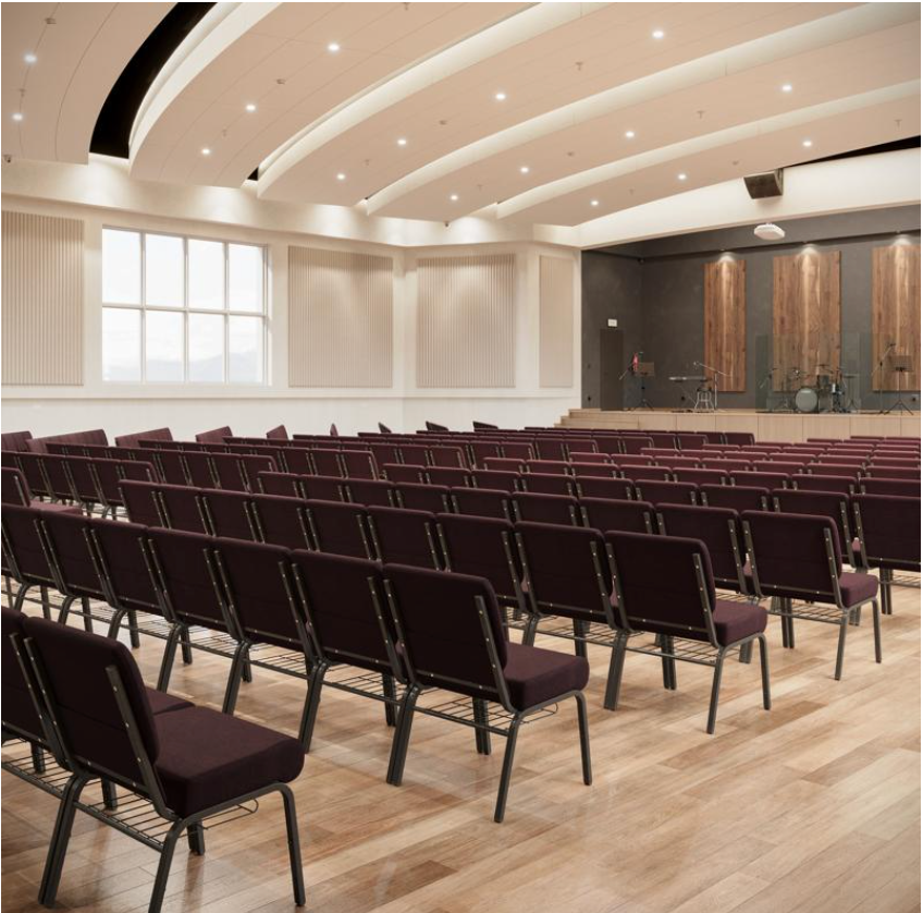Sold In SETS of 50 Chairs. Church Chairs/Auditorium Seating | Stackable Church Seatings 21 Inch Plum Fabric Worship Cinema Auditorium Sanctuary Church Chairs with Cut-Away Back With Book Rack