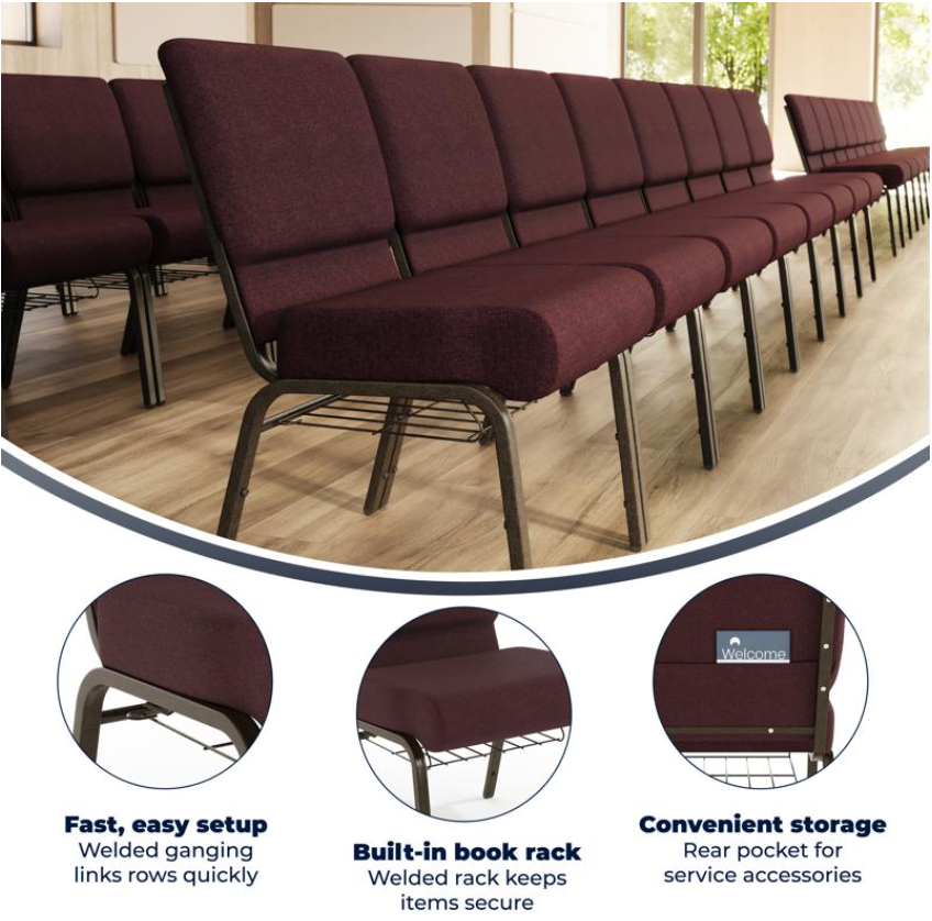 Sold In SETS of 50 Chairs. Church Chairs/Auditorium Seating | Stackable Church Seatings 21 Inch Plum Fabric Worship Cinema Auditorium Sanctuary Church Chairs with Cut-Away Back With Book Rack