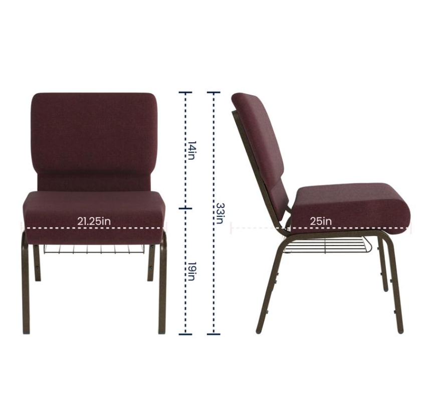 Sold In SETS of 50 Chairs. Church Chairs/Auditorium Seating | Stackable Church Seatings 21 Inch Plum Fabric Worship Cinema Auditorium Sanctuary Church Chairs with Cut-Away Back With Book Rack