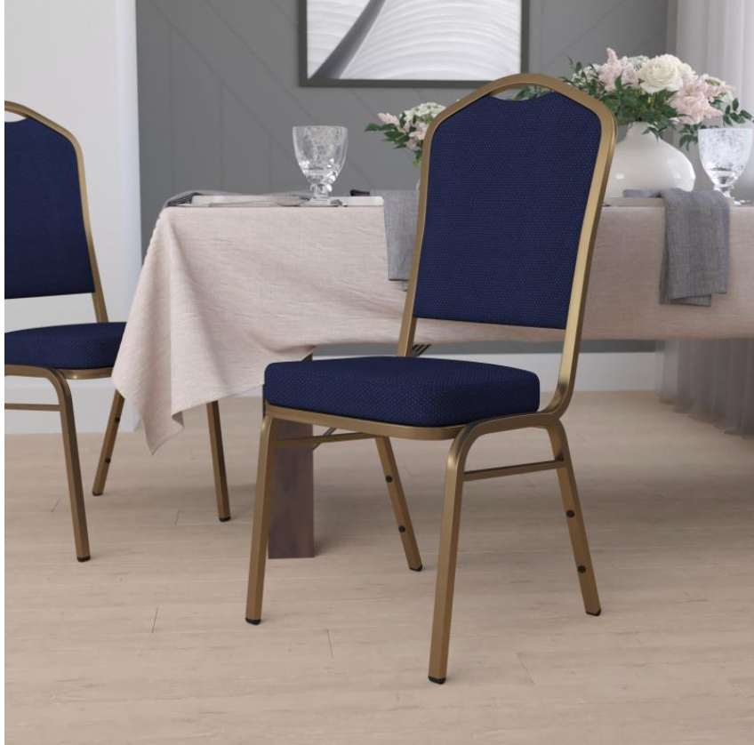 (SET OF 20 CHAIRS) Crown Back Stacking Church/Banquet Chair in Navy Blue Patterned Fabric - Gold Frame 17.25" Wide